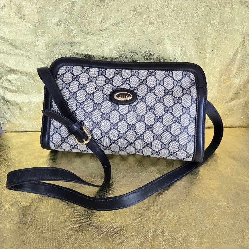 GUCCI Vtg GG Supreme Monogram PVC Canvas Script Logo Large Bag Navy Leather Trim
